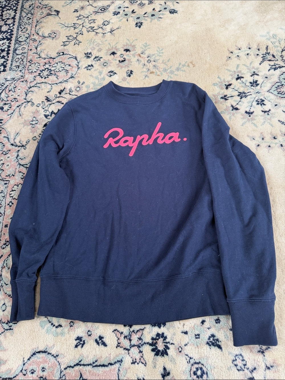 Rapha Navy Crewneck Sweatshirt with Pink Script Logo